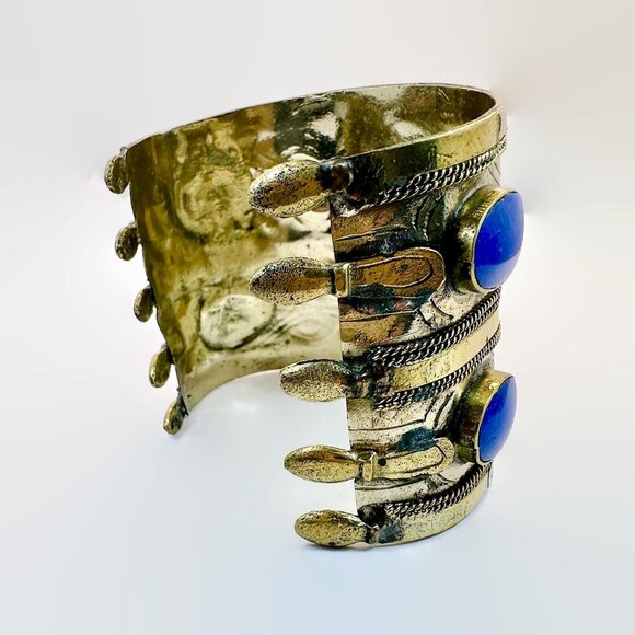 Vintage Middle Eastern Cuff Afghan Silver Gold Wash Mixed Metals Lapis Composite - Picture 4 of 4